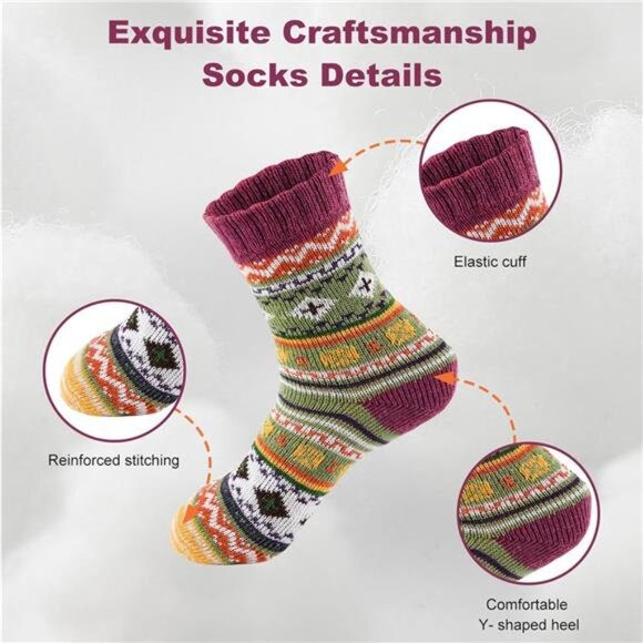 New 5 Pairs Wool Socks for Women - Cute Fuzzy Warm Colorful Crew Socks - Picture 5 of 7